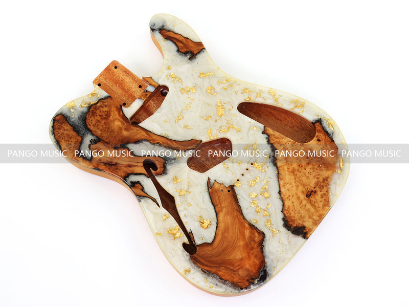 One-of-a-Kind Tele Thinline Style Pickguard-Ready Electric Guitar Body with EpoxyBurl Top & F-Hole (TRP-010)