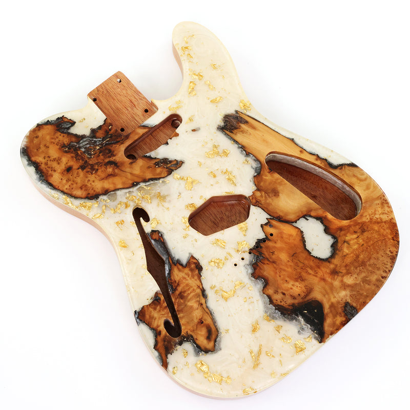 One-of-a-Kind Tele Thinline Style Pickguard-Ready Electric Guitar Body with EpoxyBurl Top & F-Hole (TRP-011)