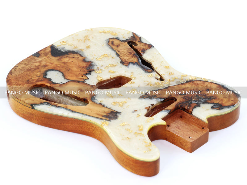 One-of-a-Kind Tele Thinline Style Pickguard-Ready Electric Guitar Body with EpoxyBurl Top & F-Hole (TRP-011)
