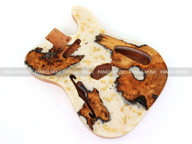 One-of-a-Kind Tele Thinline Style Pickguard-Ready Electric Guitar Body with EpoxyBurl Top & F-Hole (TRP-011)