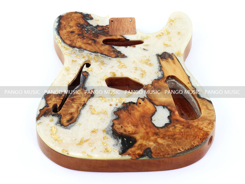 One-of-a-Kind Tele Thinline Style Pickguard-Ready Electric Guitar Body with EpoxyBurl Top & F-Hole (TRP-011)