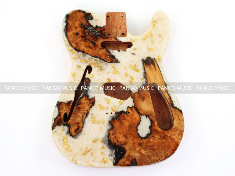One-of-a-Kind Tele Thinline Style Pickguard-Ready Electric Guitar Body with EpoxyBurl Top & F-Hole (TRP-011)