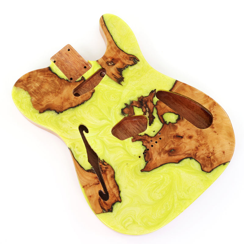 One-of-a-Kind Tele Thinline Style Pickguard-Ready Electric Guitar Body with EpoxyBurl Top & F-Hole (TRP-012)