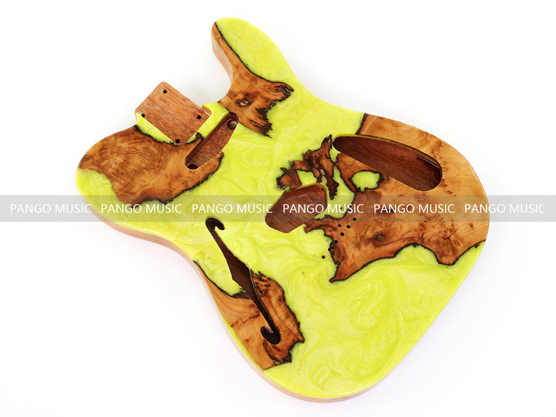 One-of-a-Kind Tele Thinline Style Pickguard-Ready Electric Guitar Body with EpoxyBurl Top & F-Hole (TRP-012)