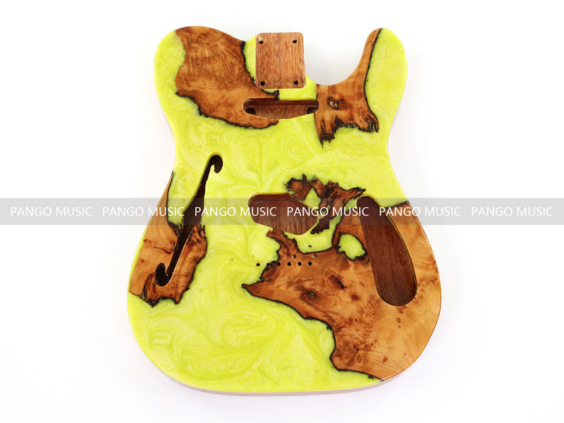 One-of-a-Kind Tele Thinline Style Pickguard-Ready Electric Guitar Body with EpoxyBurl Top & F-Hole (TRP-012)