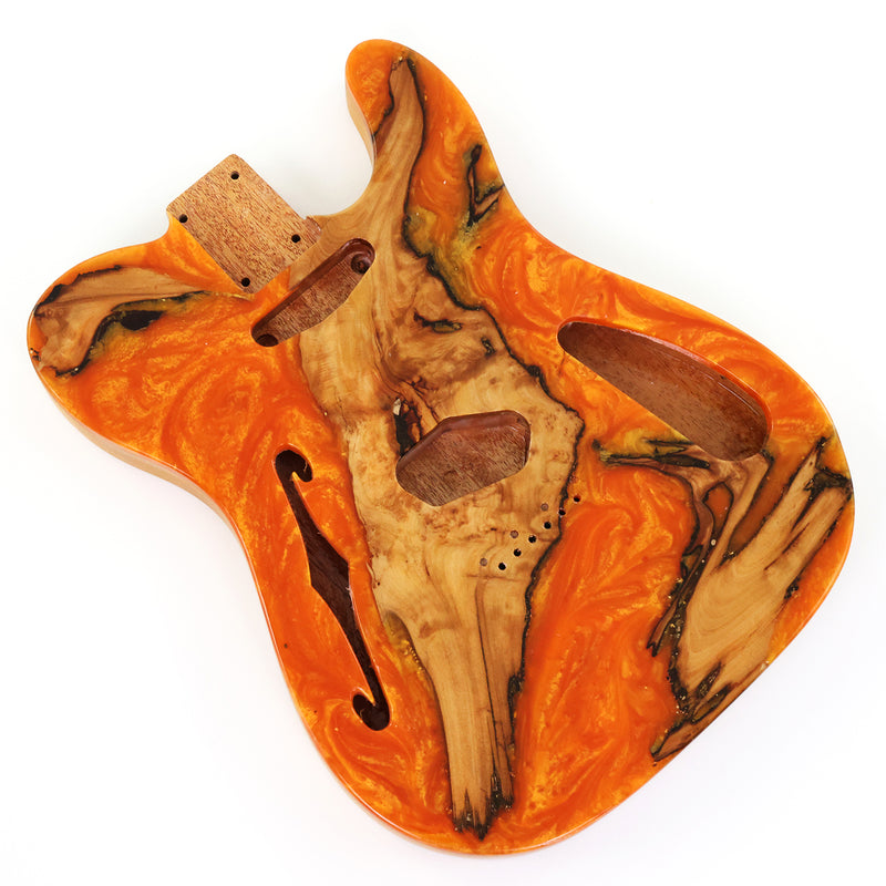 One-of-a-Kind Tele Thinline Style Pickguard-Ready Electric Guitar Body with EpoxyBurl Top & F-Hole (TRP-013)