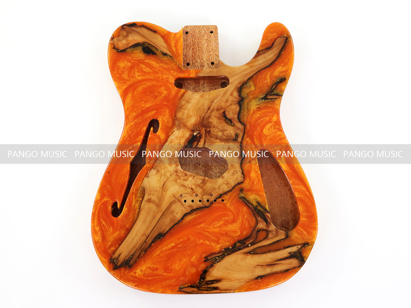 One-of-a-Kind Tele Thinline Style Pickguard-Ready Electric Guitar Body with EpoxyBurl Top & F-Hole (TRP-013)