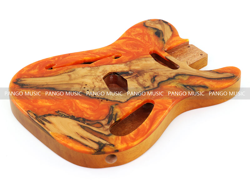 One-of-a-Kind Tele Thinline Style Pickguard-Ready Electric Guitar Body with EpoxyBurl Top & F-Hole (TRP-013)