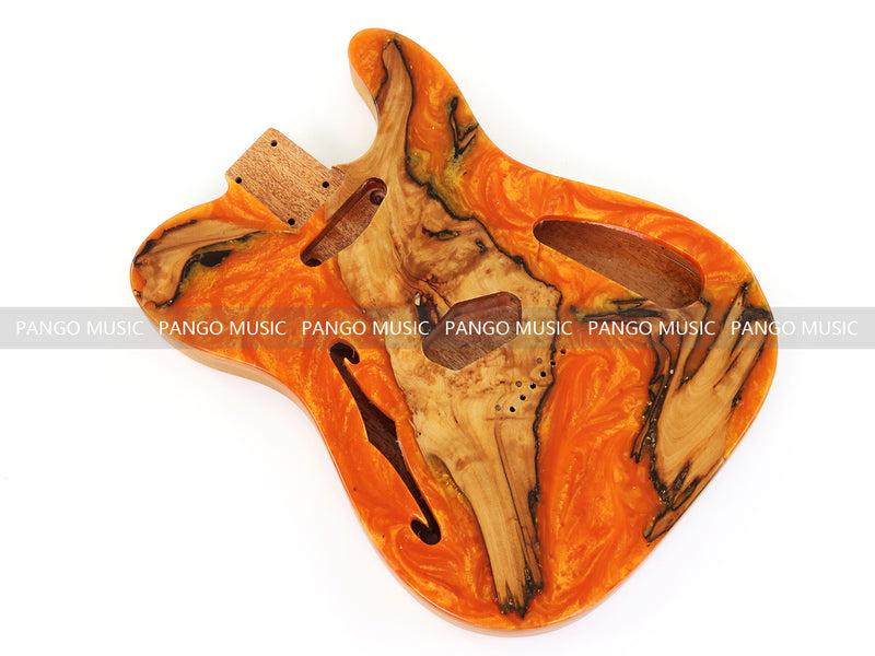 One-of-a-Kind Tele Thinline Style Pickguard-Ready Electric Guitar Body with EpoxyBurl Top & F-Hole (TRP-013)