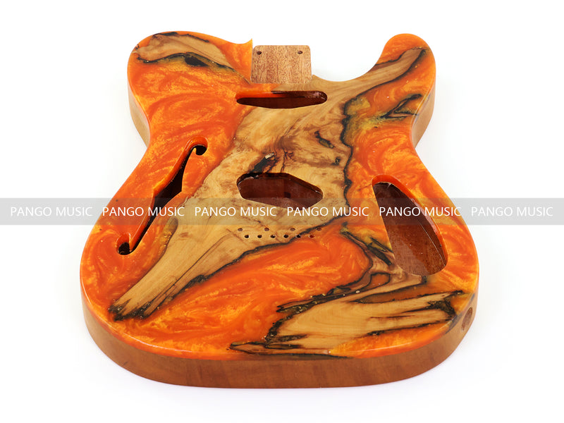 One-of-a-Kind Tele Thinline Style Pickguard-Ready Electric Guitar Body with EpoxyBurl Top & F-Hole (TRP-013)
