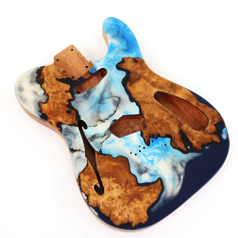 One-of-a-Kind Tele Thinline Style Pickguard-Ready Electric Guitar Body with EpoxyBurl Top & F-Hole (TRP-014)