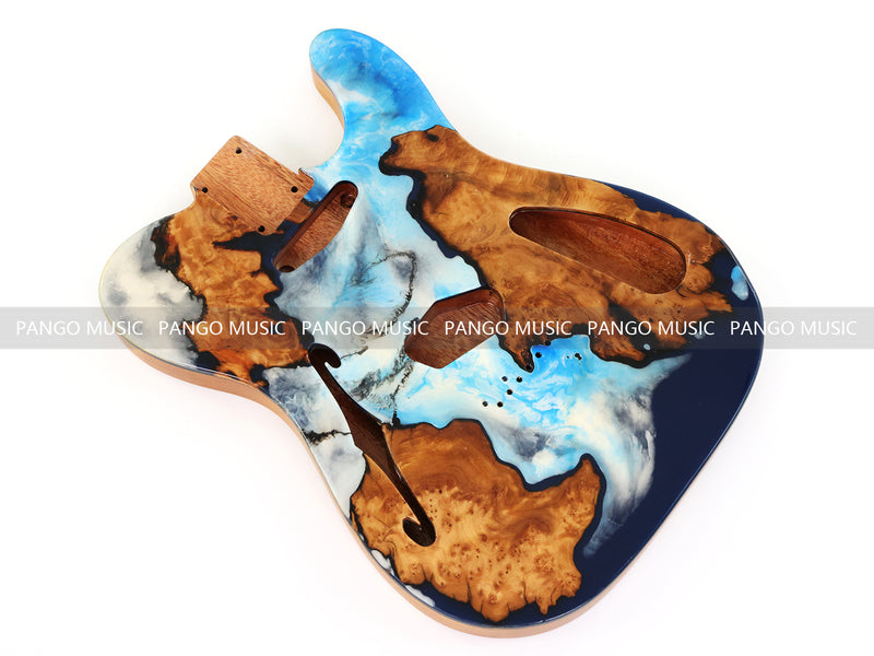 One-of-a-Kind Tele Thinline Style Pickguard-Ready Electric Guitar Body with EpoxyBurl Top & F-Hole (TRP-014)