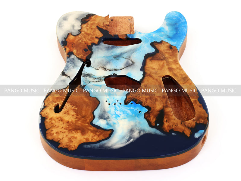 One-of-a-Kind Tele Thinline Style Pickguard-Ready Electric Guitar Body with EpoxyBurl Top & F-Hole (TRP-014)