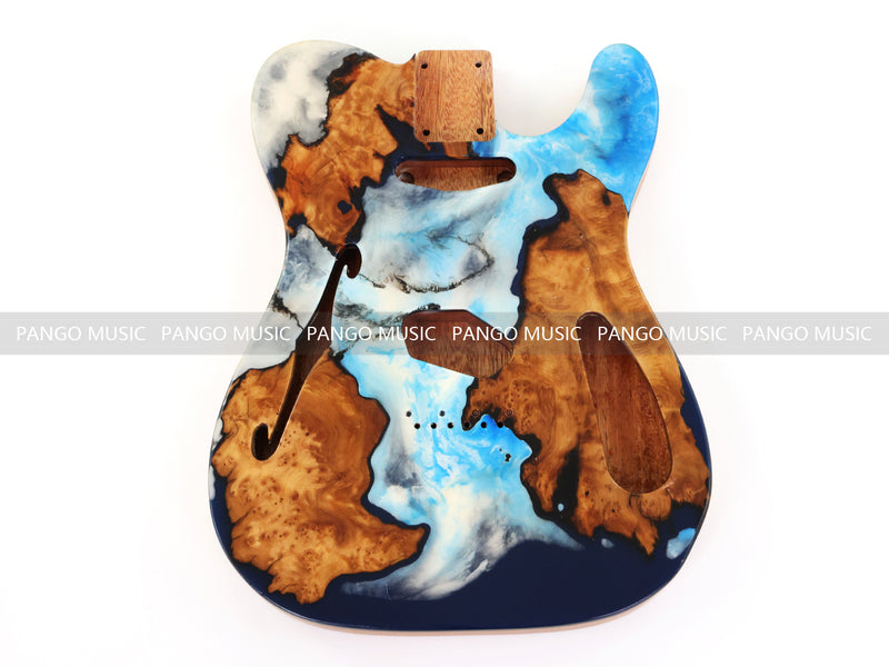 One-of-a-Kind Tele Thinline Style Pickguard-Ready Electric Guitar Body with EpoxyBurl Top & F-Hole (TRP-014)