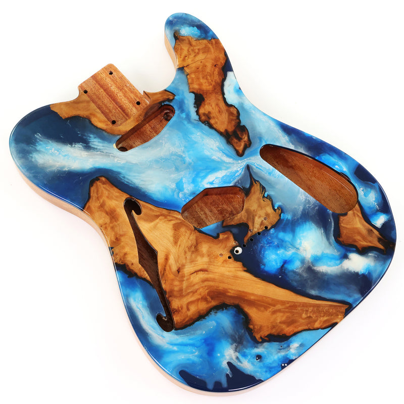One-of-a-Kind Tele Thinline Style Pickguard-Ready Electric Guitar Body with EpoxyBurl Top & F-Hole (TRP-015)