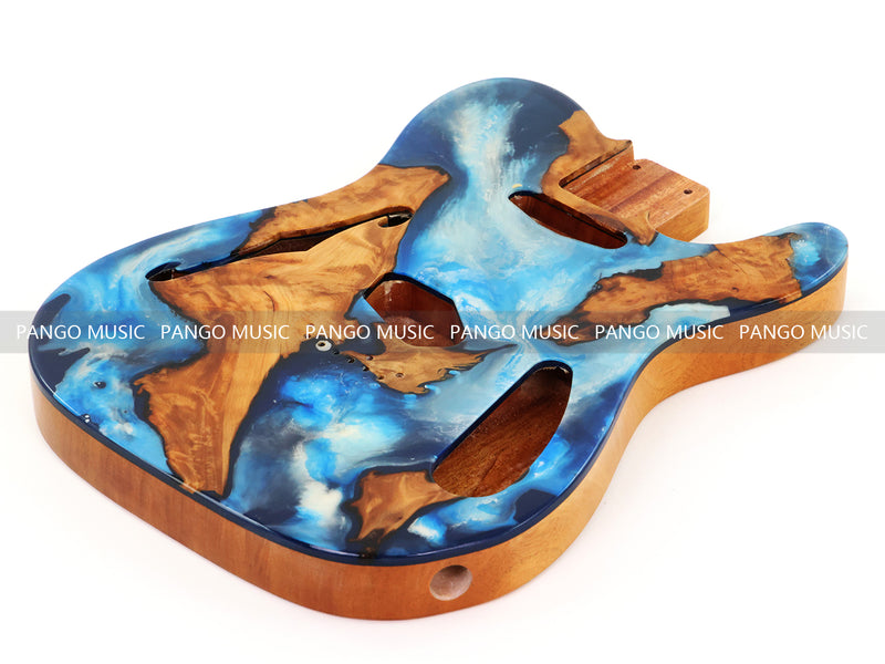 One-of-a-Kind Tele Thinline Style Pickguard-Ready Electric Guitar Body with EpoxyBurl Top & F-Hole (TRP-015)