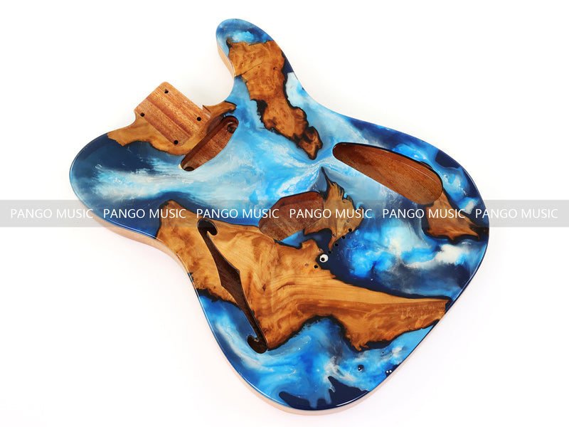 One-of-a-Kind Tele Thinline Style Pickguard-Ready Electric Guitar Body with EpoxyBurl Top & F-Hole (TRP-015)