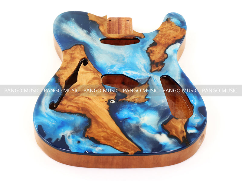 One-of-a-Kind Tele Thinline Style Pickguard-Ready Electric Guitar Body with EpoxyBurl Top & F-Hole (TRP-015)