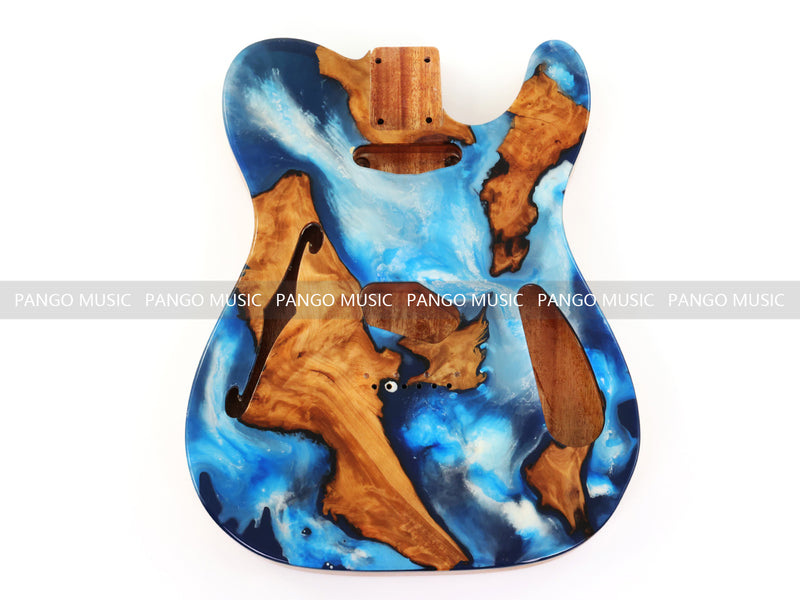 One-of-a-Kind Tele Thinline Style Pickguard-Ready Electric Guitar Body with EpoxyBurl Top & F-Hole (TRP-015)