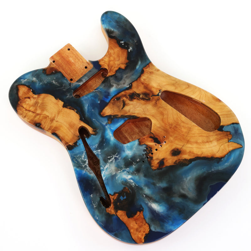 One-of-a-Kind Tele Thinline Style Pickguard-Ready Electric Guitar Body with EpoxyBurl Top & F-Hole (TRP-016)