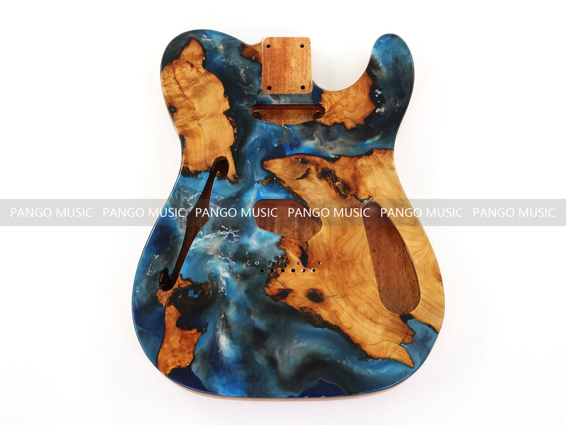 One-of-a-Kind Tele Thinline Style Pickguard-Ready Electric Guitar Body with EpoxyBurl Top & F-Hole (TRP-016)