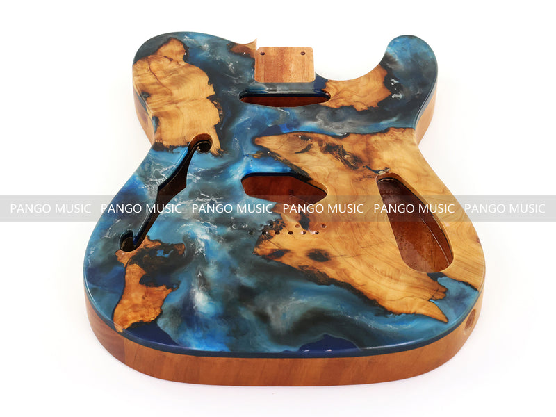 One-of-a-Kind Tele Thinline Style Pickguard-Ready Electric Guitar Body with EpoxyBurl Top & F-Hole (TRP-016)