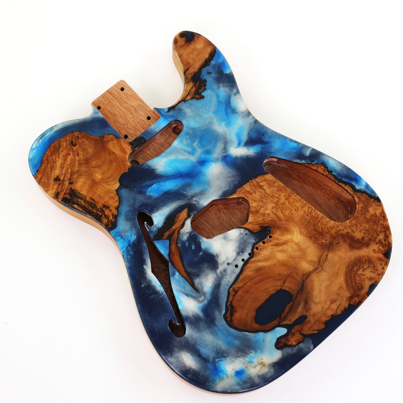 One-of-a-Kind Tele Thinline Style Pickguard-Ready Electric Guitar Body with EpoxyBurl Top & F-Hole (TRP-017)