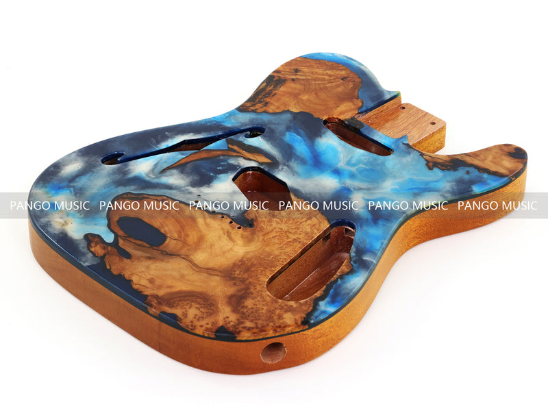 One-of-a-Kind Tele Thinline Style Pickguard-Ready Electric Guitar Body with EpoxyBurl Top & F-Hole (TRP-017)