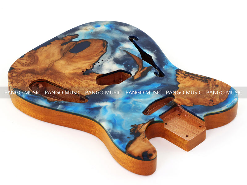 One-of-a-Kind Tele Thinline Style Pickguard-Ready Electric Guitar Body with EpoxyBurl Top & F-Hole (TRP-017)
