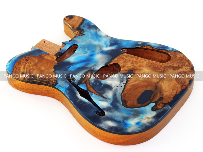 One-of-a-Kind Tele Thinline Style Pickguard-Ready Electric Guitar Body with EpoxyBurl Top & F-Hole (TRP-017)