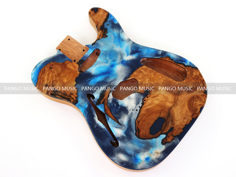 One-of-a-Kind Tele Thinline Style Pickguard-Ready Electric Guitar Body with EpoxyBurl Top & F-Hole (TRP-017)