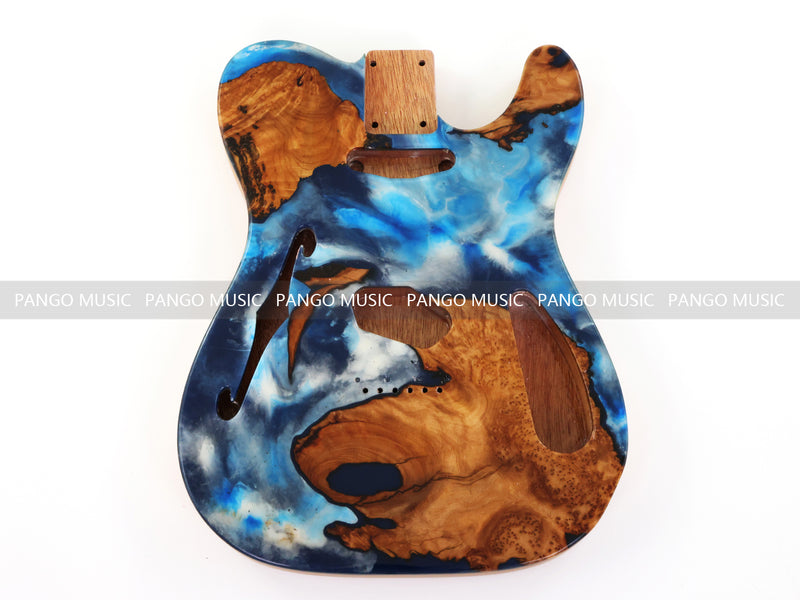 One-of-a-Kind Tele Thinline Style Pickguard-Ready Electric Guitar Body with EpoxyBurl Top & F-Hole (TRP-017)