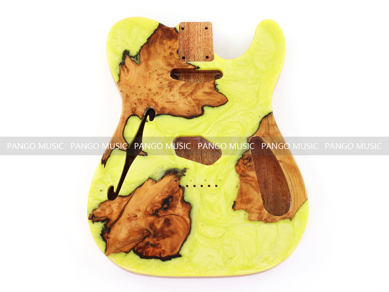 One-of-a-Kind Tele Thinline Style Pickguard-Ready Electric Guitar Body with EpoxyBurl Top & F-Hole (TRP-018)