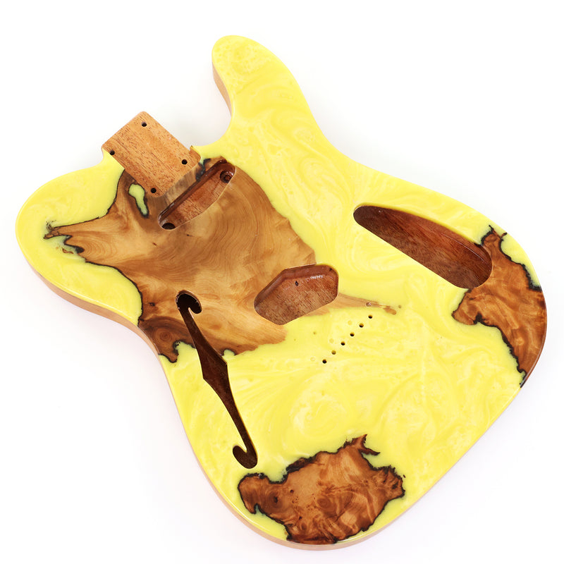 One-of-a-Kind Tele Thinline Style Pickguard-Ready Electric Guitar Body with EpoxyBurl Top & F-Hole (TRP-019)