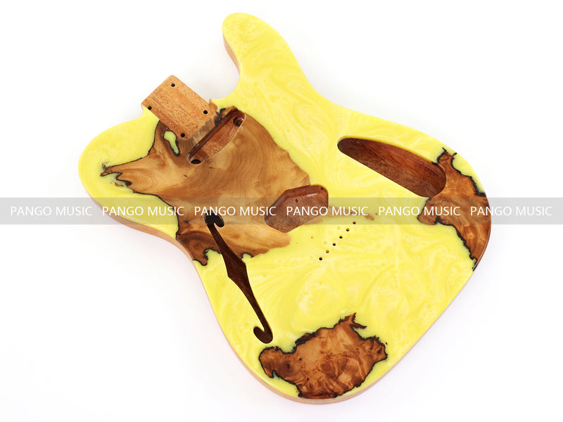 One-of-a-Kind Tele Thinline Style Pickguard-Ready Electric Guitar Body with EpoxyBurl Top & F-Hole (TRP-019)