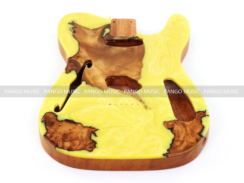 One-of-a-Kind Tele Thinline Style Pickguard-Ready Electric Guitar Body with EpoxyBurl Top & F-Hole (TRP-019)