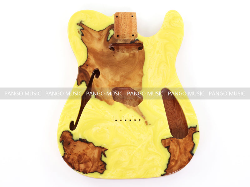 One-of-a-Kind Tele Thinline Style Pickguard-Ready Electric Guitar Body with EpoxyBurl Top & F-Hole (TRP-019)