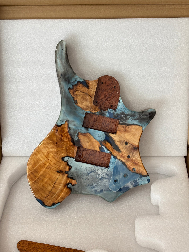 One-of-a-Kind Burl Wood Veneer Epoxy Resin 4 String Headless Electric Bass Guitar Body (H4B-001)