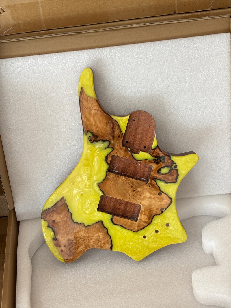One-of-a-Kind Burl Wood Veneer Epoxy Resin 4 String Headless Electric Bass Guitar Body (H4B-003)