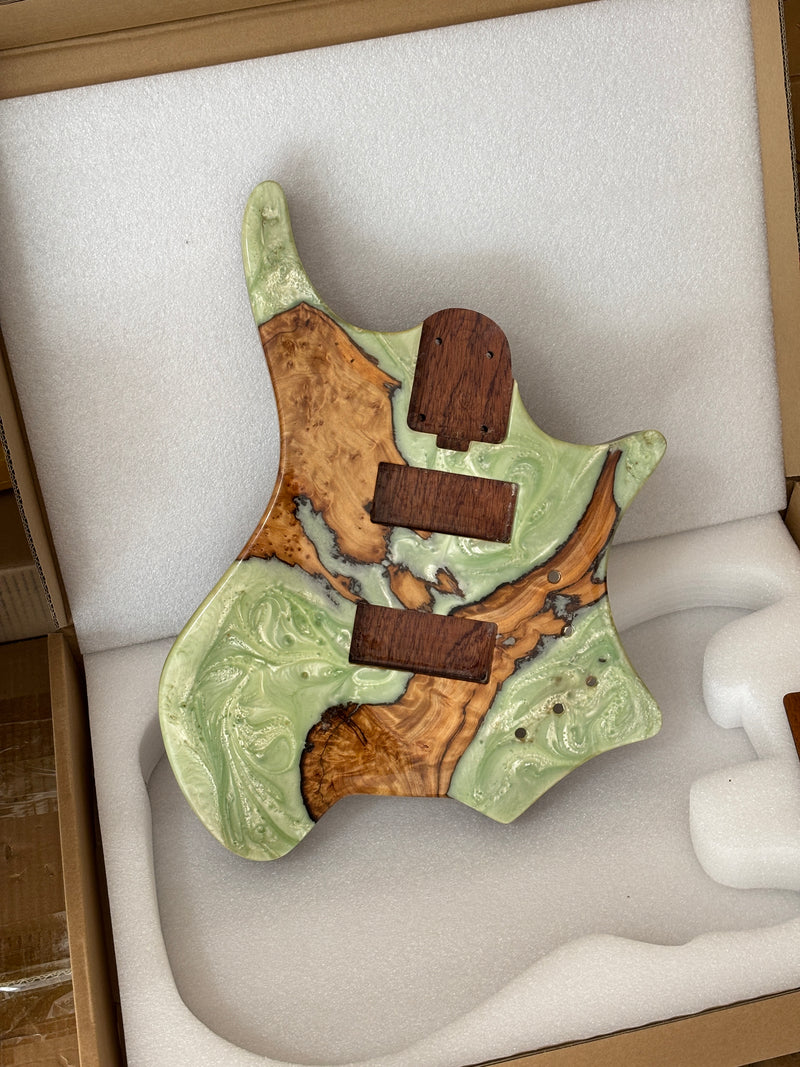 One-of-a-Kind Burl Wood Veneer Epoxy Resin 4 String Headless Electric Bass Guitar Body (H4B-004)