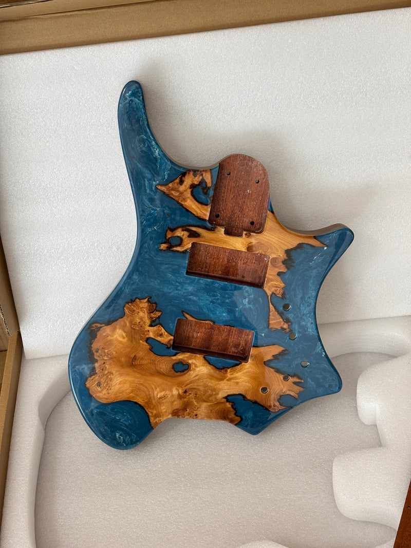 One-of-a-Kind Burl Wood Veneer Epoxy Resin 4 String Headless Electric Bass Guitar Body (H4B-006)