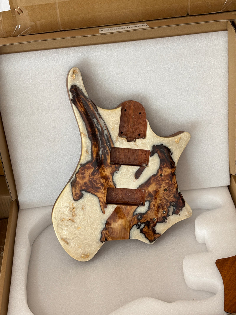 One-of-a-Kind Burl Wood Veneer Epoxy Resin 4 String Headless Electric Bass Guitar Body (H4B-007)