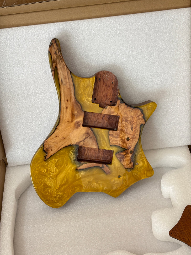 One-of-a-Kind Burl Wood Veneer Epoxy Resin 4 String Headless Electric Bass Guitar Body (H4B-008)