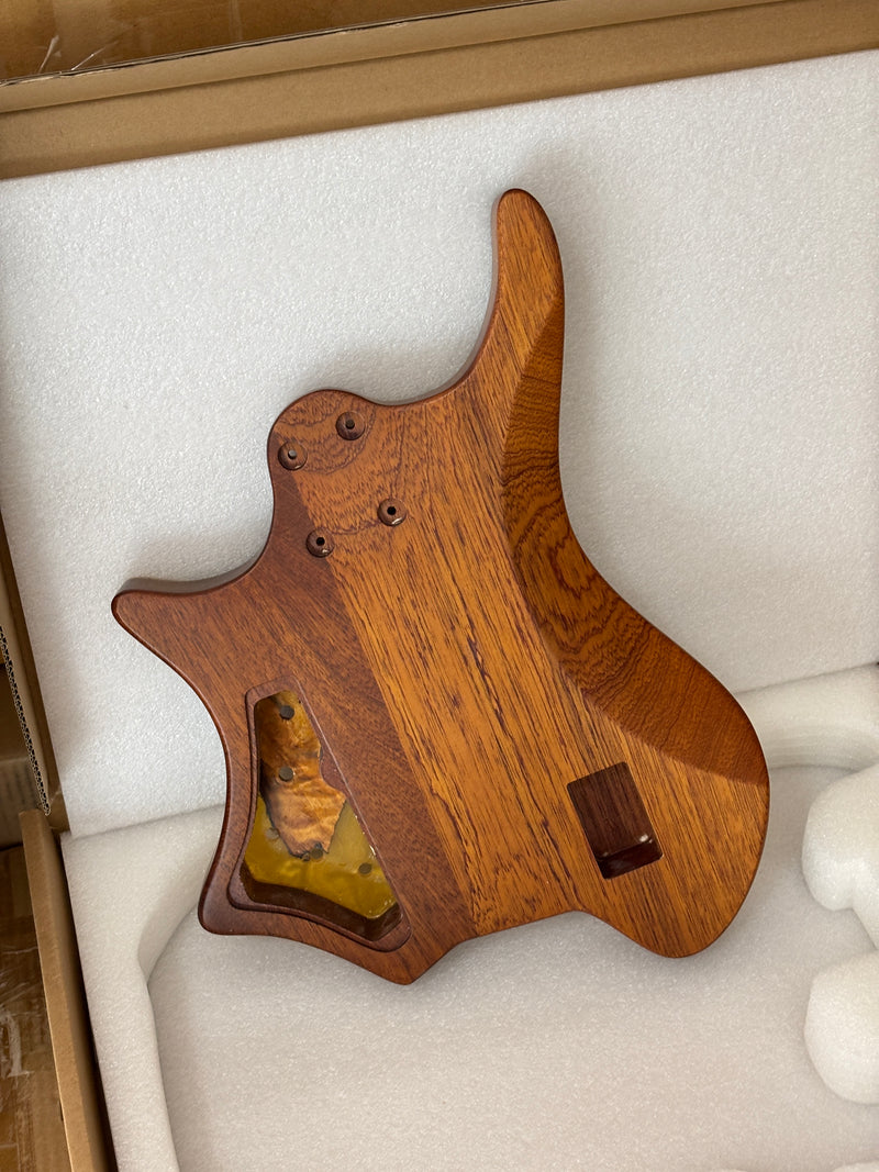 One-of-a-Kind Burl Wood Veneer Epoxy Resin 4 String Headless Electric Bass Guitar Body (H4B-008)