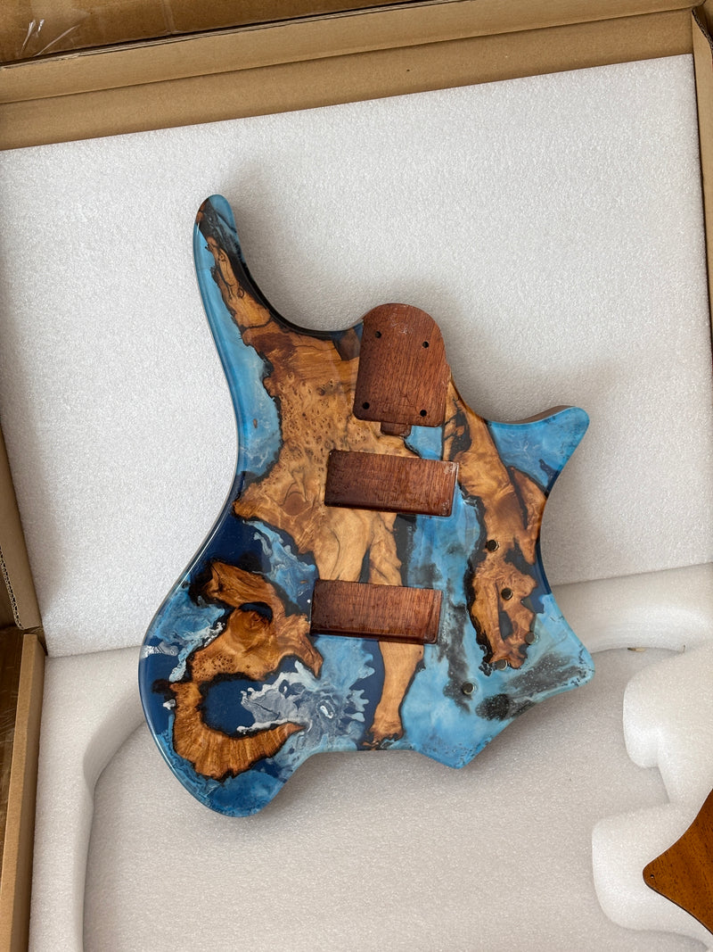One-of-a-Kind Burl Wood Veneer Epoxy Resin 4 String Headless Electric Bass Guitar Body (H4B-009)