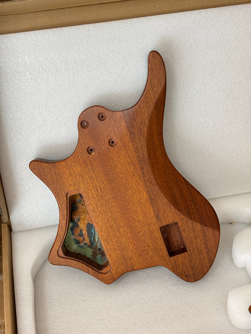 One-of-a-Kind Burl Wood Veneer Epoxy Resin 4 String Headless Electric Bass Guitar Body (H4B-009)