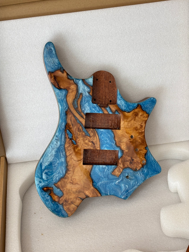 One-of-a-Kind Burl Wood Veneer Epoxy Resin 4 String Headless Electric Bass Guitar Body (H4B-010)