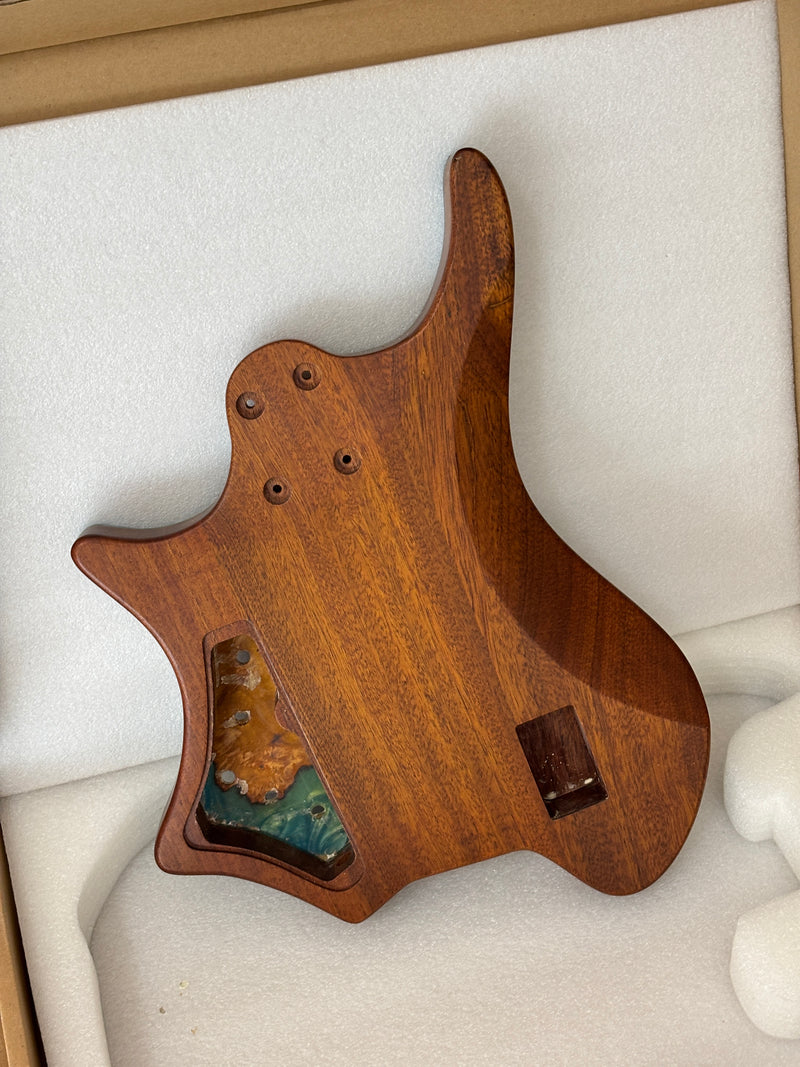 One-of-a-Kind Burl Wood Veneer Epoxy Resin 4 String Headless Electric Bass Guitar Body (H4B-010)