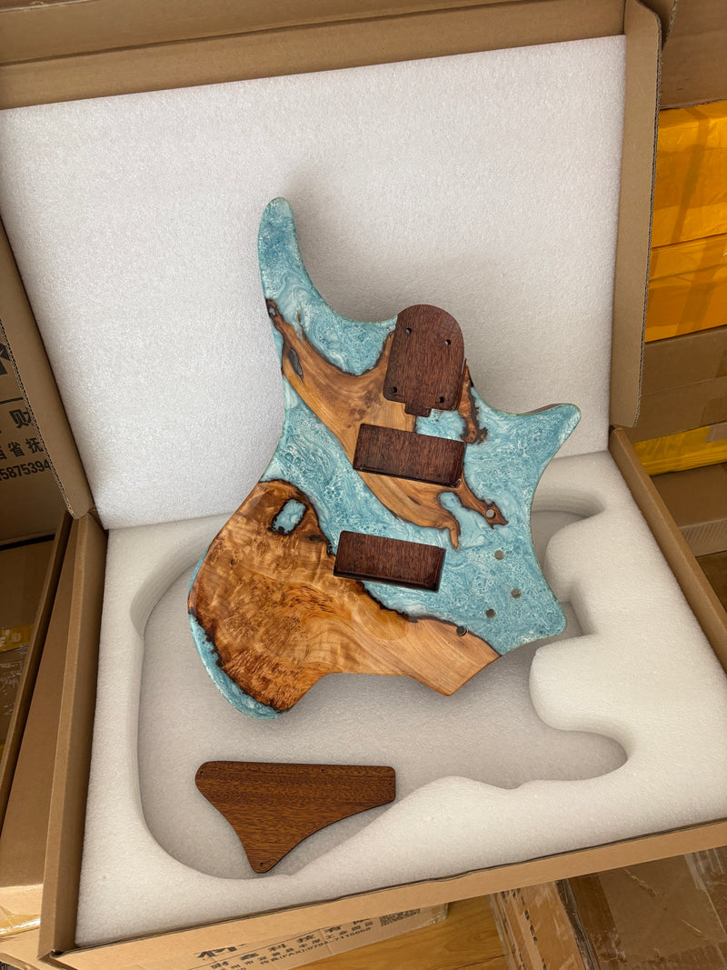 One-of-a-Kind Burl Wood Veneer Epoxy Resin 4 String Headless Electric Bass Guitar Body (H4B-011)
