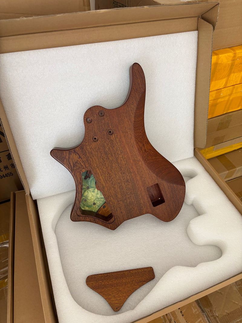 One-of-a-Kind Burl Wood Veneer Epoxy Resin 4 String Headless Electric Bass Guitar Body (H4B-011)